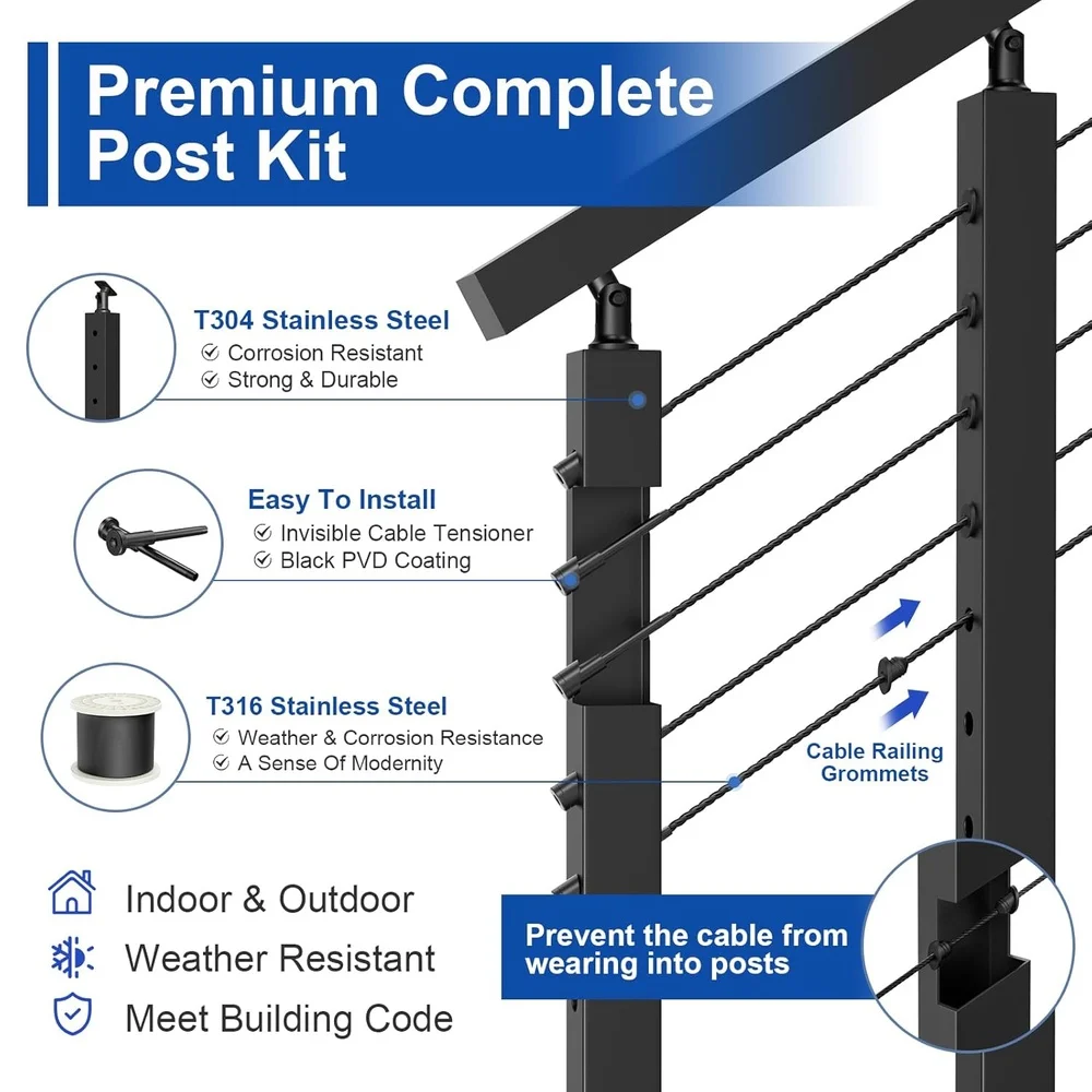 Complete 36" Stair Railing Post Kit T304 Stainless Steel Cable Railing System DIY Outdoor Indoor Installation Waterproof Durable