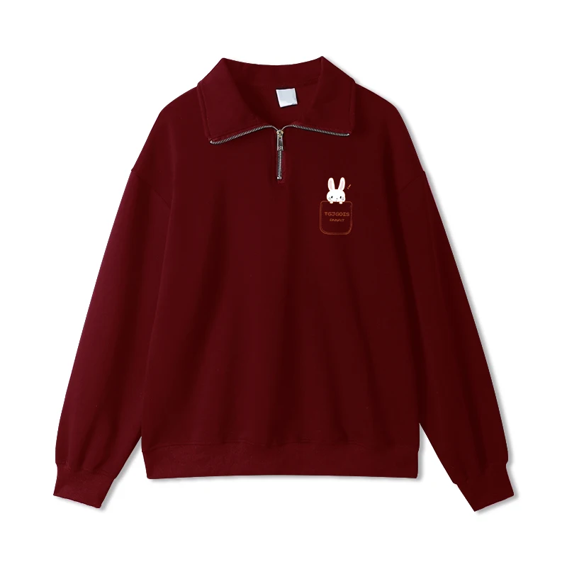 Wine Red Hoodies Women Spring Autumn Half Zipper Turn-down Collar Long Sleeves Tops Fashion Vintage All-matched Hoodies