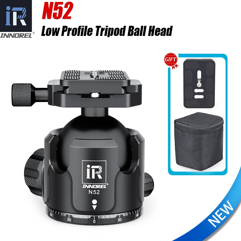 

INNOREL N52 Low Profile Panoramic Tripod Ball Head, Black, Double U Notch Ultra-low Sphere with Arca Swiss Quick Release Plate