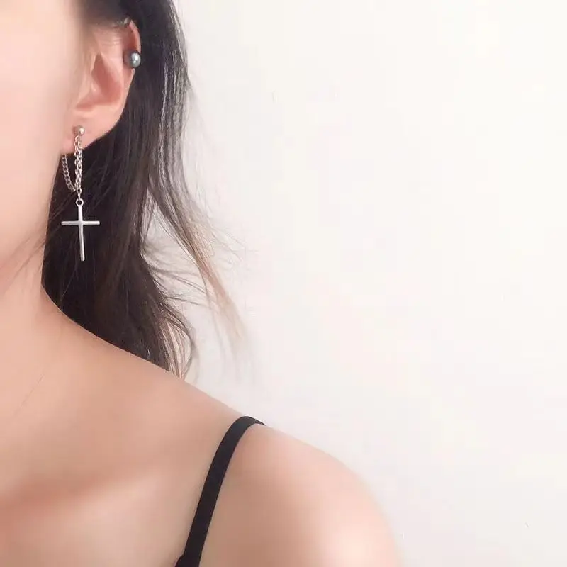 2 Pcs Punk Silver Color Cross Drop Earrings for Women Men Gothic Hip Hop Long Tassel Hanging Earring Jewelry Gift Bijoux image 3