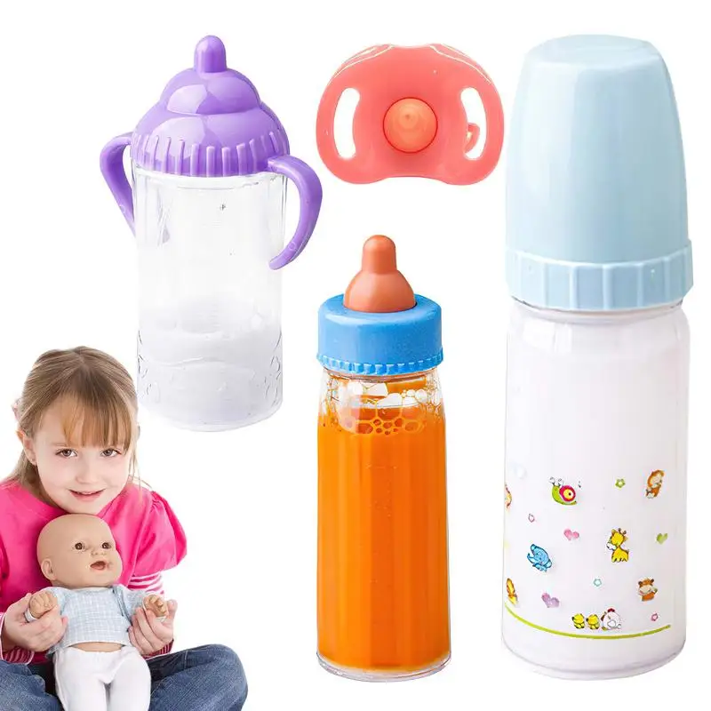 Doll Magic Milk Juice Bottles with Pacifier Bibs fit Newborns Dolls Plastic Nipple Bottle Dollhouse Toys Reborn