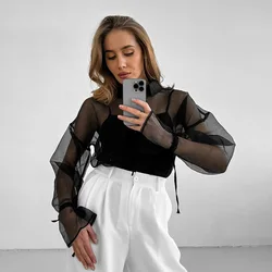 Women Clothing 2024 Classic Solid Color Mesh Sexy Perspective Breathable Lapel Drawstring Shirt Summer Fashion Women Shirt