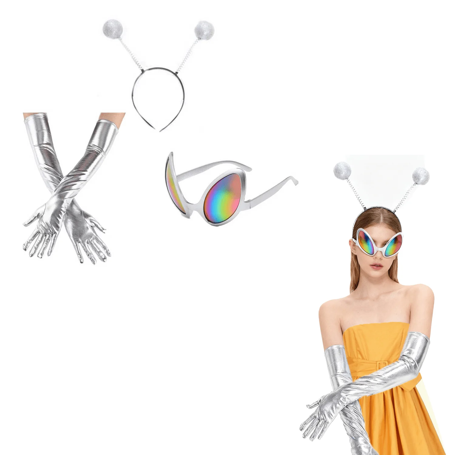 PESENAR Alien Costume Accessories Set Including Alien Headband Glasses Long Gloves for Women Men Halloween Party