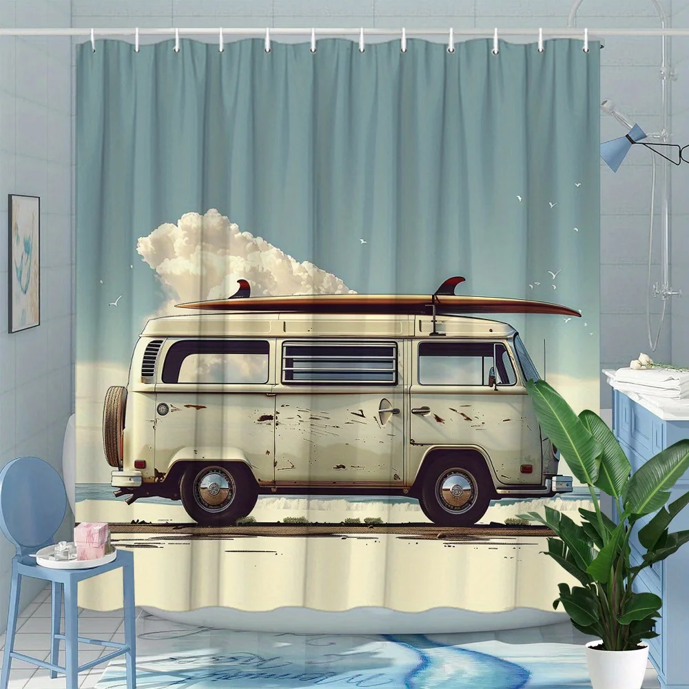 

Retro surf truck shower curtain with surfboard and seagull beach bathroom decoration includes 12 hooks, perfect for bathtub