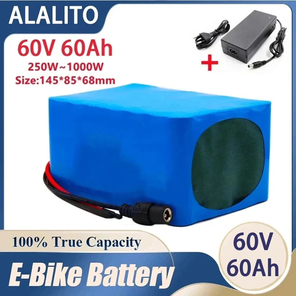 New 60V 16S2P 60Ah 18650 Li-ion Battery Pack 67.2V Lithium Ion 60Ah Ebike Electric Bicycle Scooter with 40A BMS 750W 1000Watt