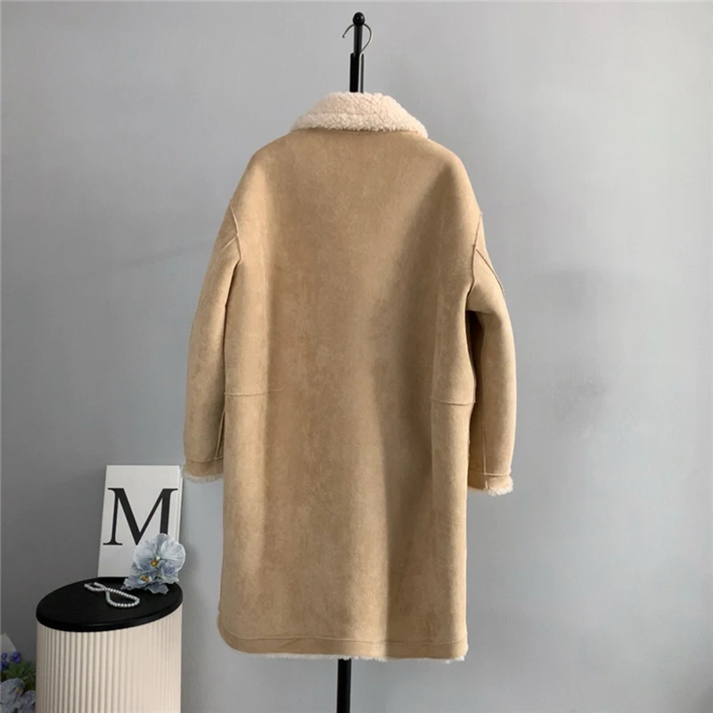 معطف نسائي متكامل من الفرو مزدوج الجوانب للخريف والشتاء معاطف لامبير مزدوجة الصدر موضة من جلد الغزال سترة دافئة سميكة