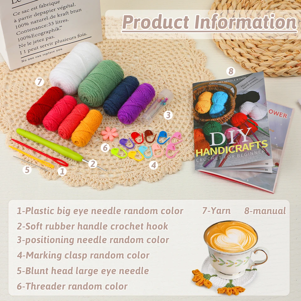 KRABALL Coaster Crochet Kit for Beginners With Instruction Knitting Yarn Thread Needles Hook Easy Knit Accessories Set DIY Craft