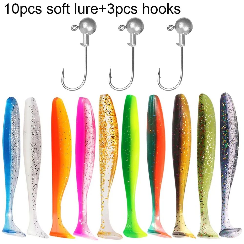 10PCS Weicher Köder 5,5 cm 7cm 10cm T Schwanz Wurm 3PCS Jigging Kopf Haken 3g 5g 10g Metall Jig Karpfen Angeln Pesca Swimbait Getriebe Kit Köder
