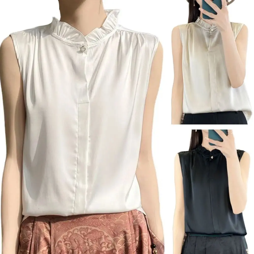 

All-match Thin Elegant Camisole Tanks Ruffles Solid Color Shirts Crop Tops Vest Loose Sleeveless Blouse Summer