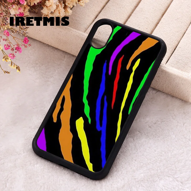 Iretmis Phone Cover Case For iPhone X XS Max XR 11 12 13 PRO MINI 14 15 16 Plus Rubber Silicone Rainbow Tiger Stripes