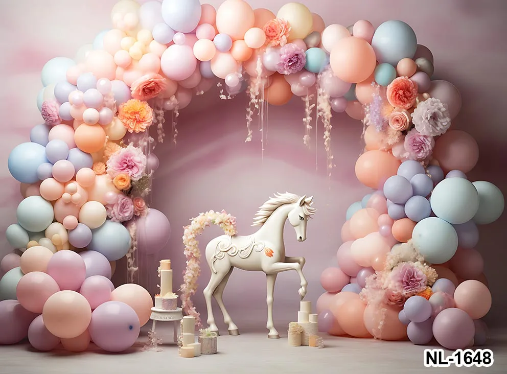 핑크 꽃 풍선 말 유니콘 배경, 코튼 클라우드 케이크 스매쉬, 생일 파티, 신생아 장식 배너, 무지개 배경