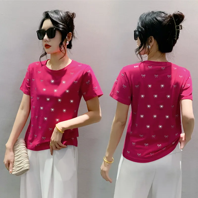 High Quality New Summer Women’s Sexy O-Neck Cotton T-Shirt Clothes Chic Shiny Bow Diamonds Tops Korean Short Sleeve Casual Tees