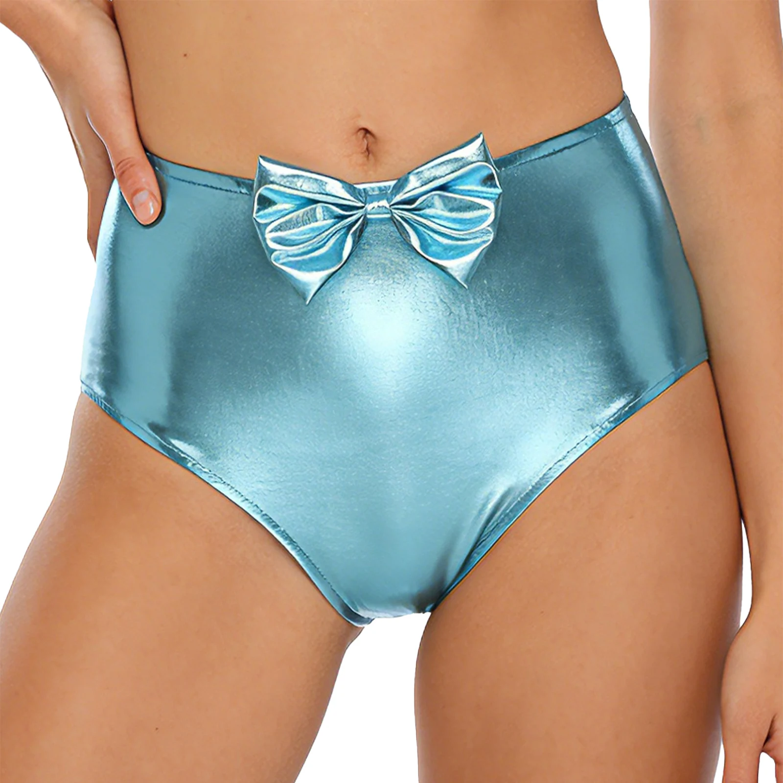 Mulheres metálicas brilhantes calças quentes briefs bonito arco volta ruched cintura alta booty shorts música rave dança festa clubwear banho