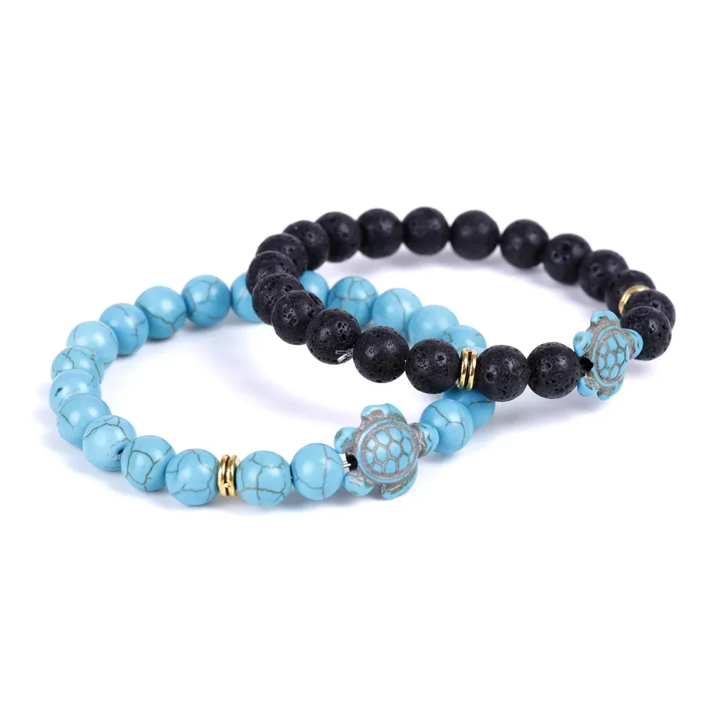 10pcs Men 8MM Black Lava Stone Kallaite Beads Turtle Charms Bracelet Buddha Couple Lover Friend Women Bracelet