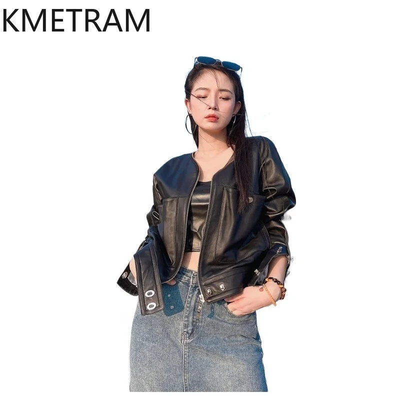 KMETRAM 100% Genuine Sheepskin Leather Jacket Woman V‑Neck Short Coats Stylish Zipper Design Autumn Coats 2026 Women Clothing 자켓
