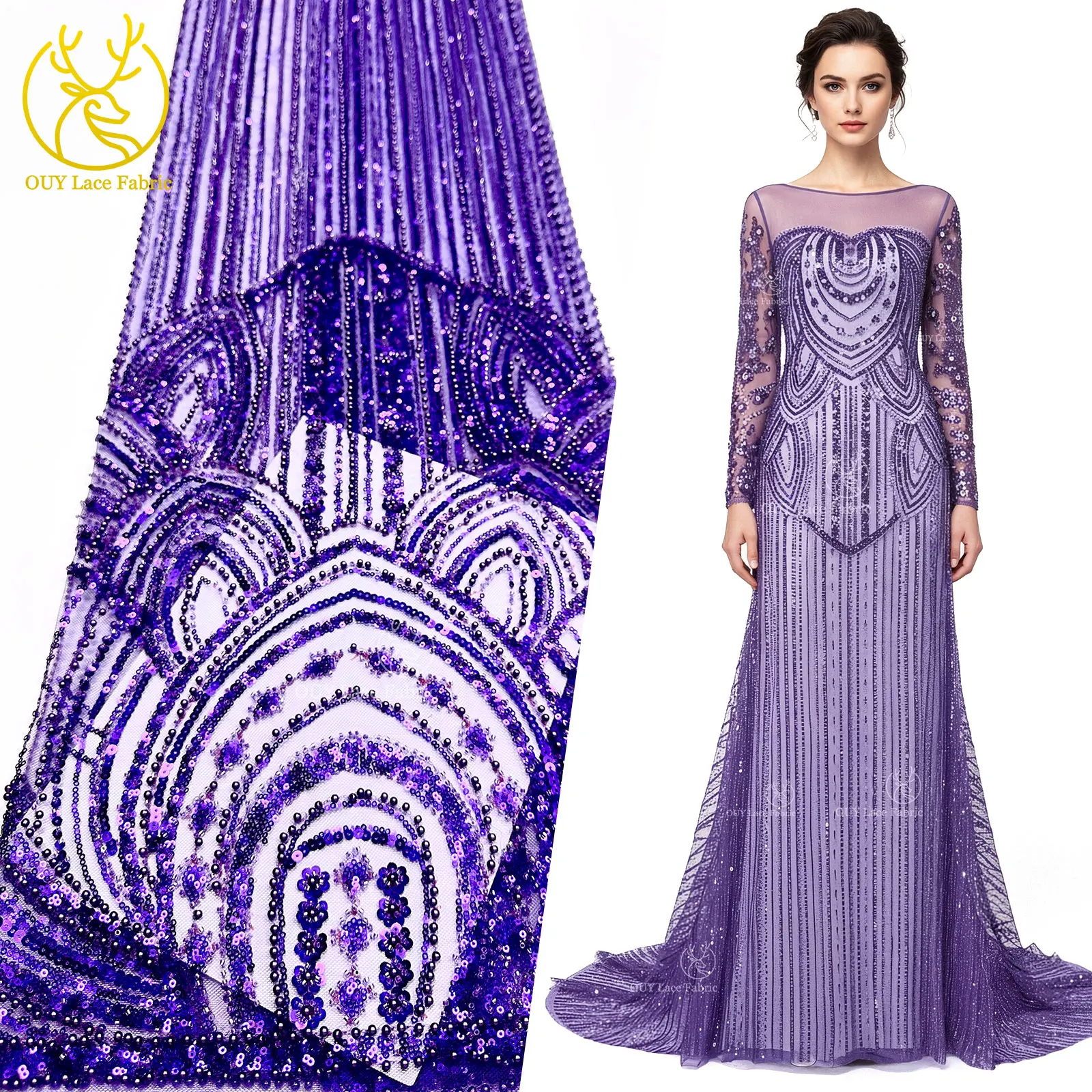 Green African Beaded Lace Fabric 2026 High-Quality French Nigerian Sequined Lace Fabric Party Dress Sewing Material 5 Yards