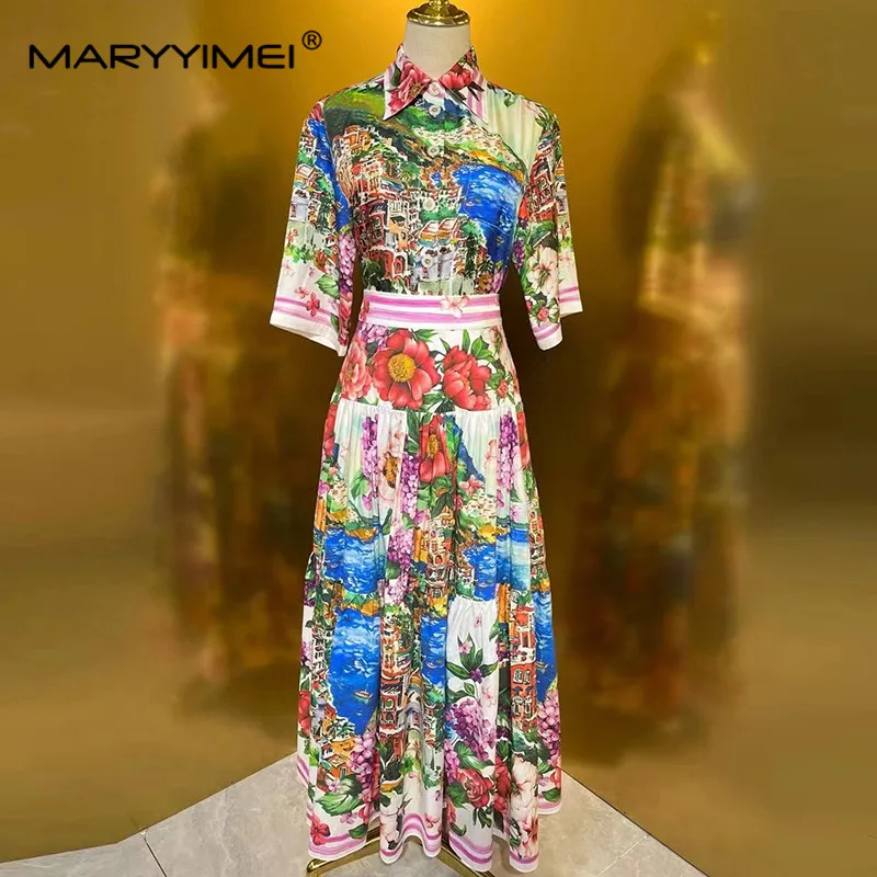 MARYYIMEI Elegant Women\'s Vacation Suit Summer Turn-Down Collar Single-Breasted Tops+Pleated Skirt Elegant Print 2 piece set