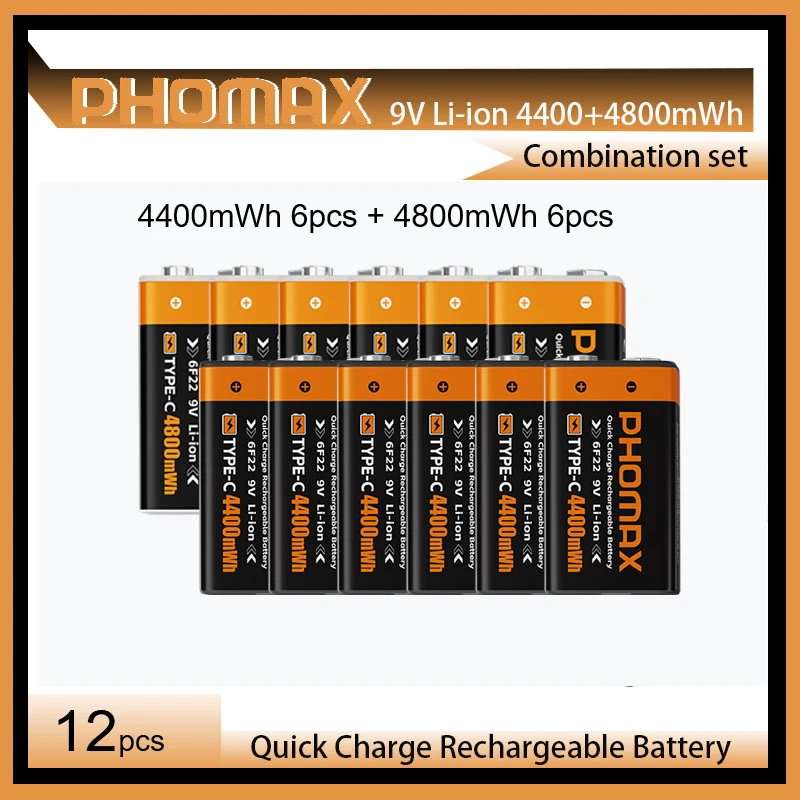 

PHOMAX 9 Volt Type C Smart USB Charging Lithium Ion Battery 6F22 Rechargeable 9 Volt Type C Lithium Battery Pack USB