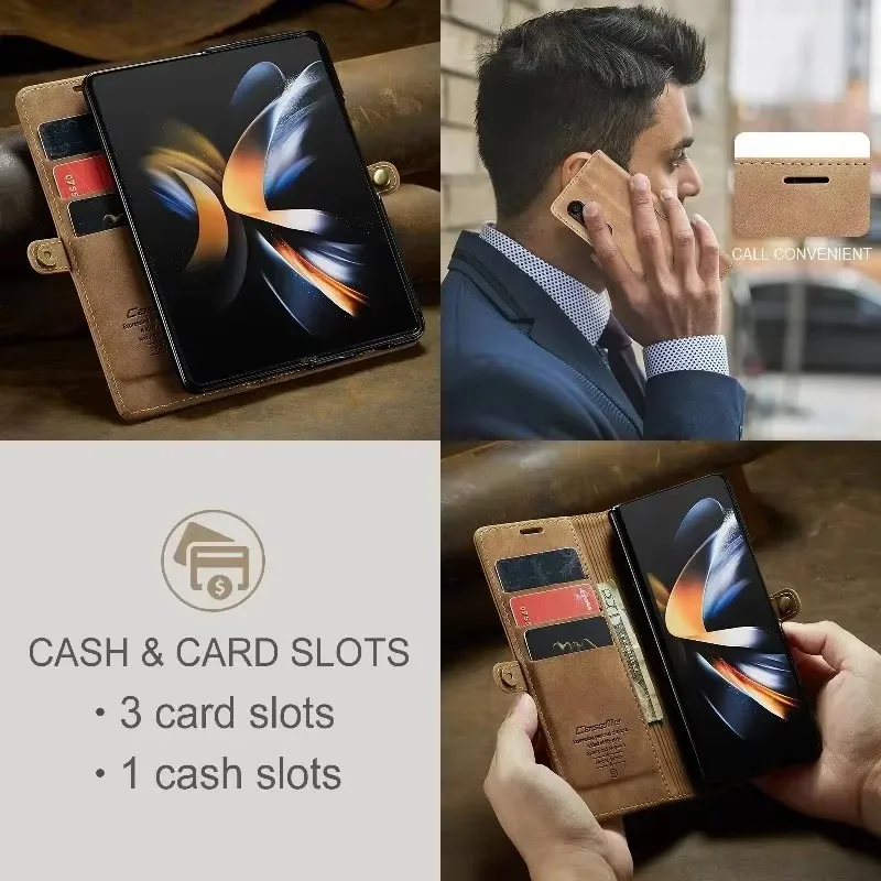 360 °   Custodia protettiva antigoccia anteriore posteriore Slot per carte di credito Custodia per telefono per Galaxy Z Fold 6 5 4 Stile portafoglio in pelle retrò Shel