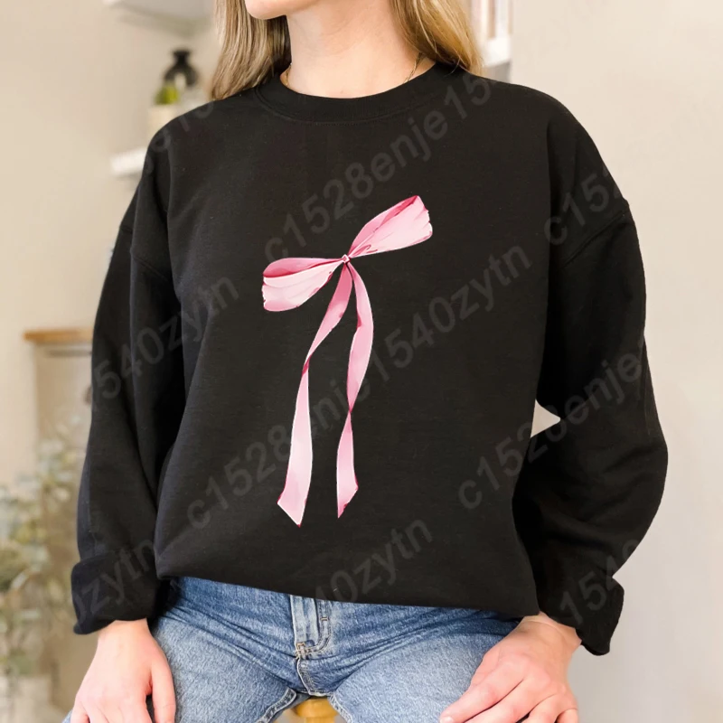 

New Fashion Women's Long Sleeve Hoodless Pullovers Valentine's Day Bow Print Round Neck Outdoor Sweatshirt Solid Color Pullovers