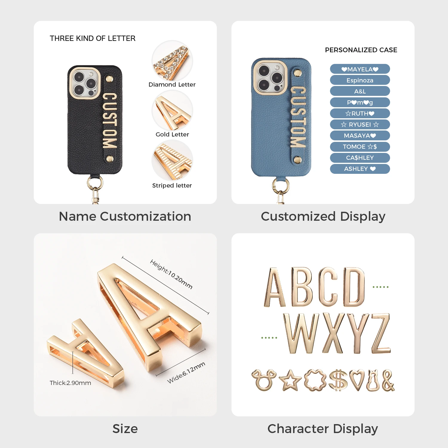 Personalized Leather Phone Case Custom Name Strap Metal Letters for iPhone17 16 15 14 13 12 11ProMax 15 16Plus Lanyard Cover Fit