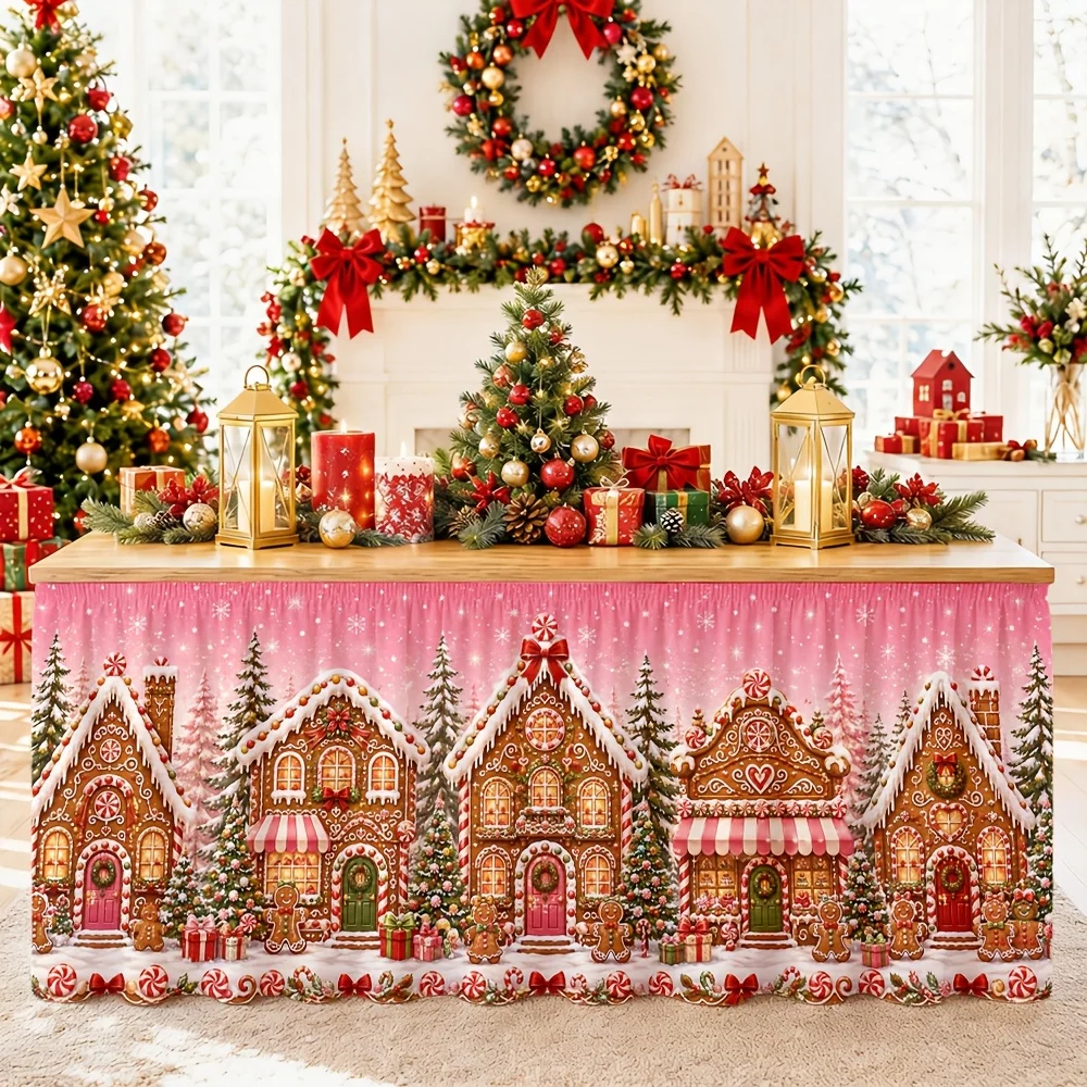 Send a tablecloth table skirt 1 piece, Gingerbread Village Winter Wonderland Festival Christmas Design, polyester