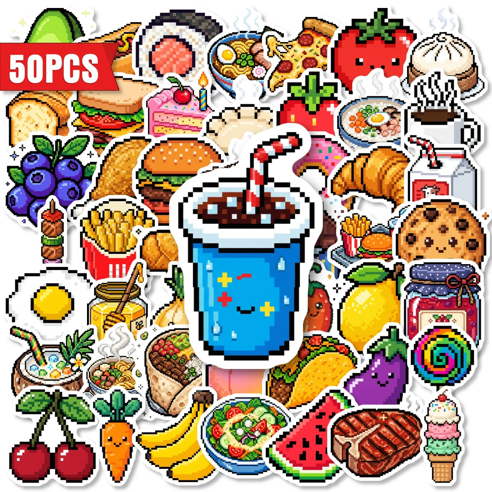 50 PCS Cartoon Pixel Style Food Personality Stickers Water Cup Lunch Box Cabinet Guitar Waterproof Student Stationery Decals
