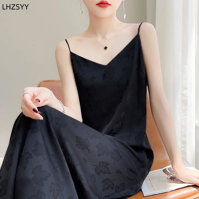 LHZSYY 2024 Summer New Satin Silk Suspender Dress Lady Loose High Waist Leaf Sling Long Skirt Printed Inside A-Word Dress Female