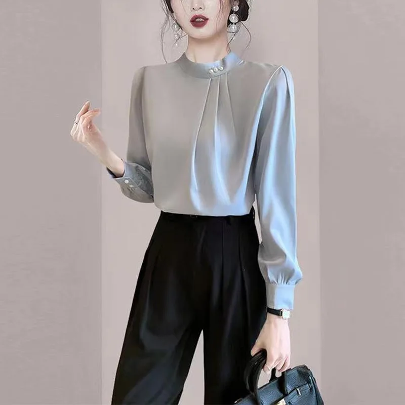 

Новая классическая женская блузка-пуловер из шифона с длинным рукавом, осенняя, с круглым вырезом, плиссированная, приталенная, элегантная, для деловых встреч