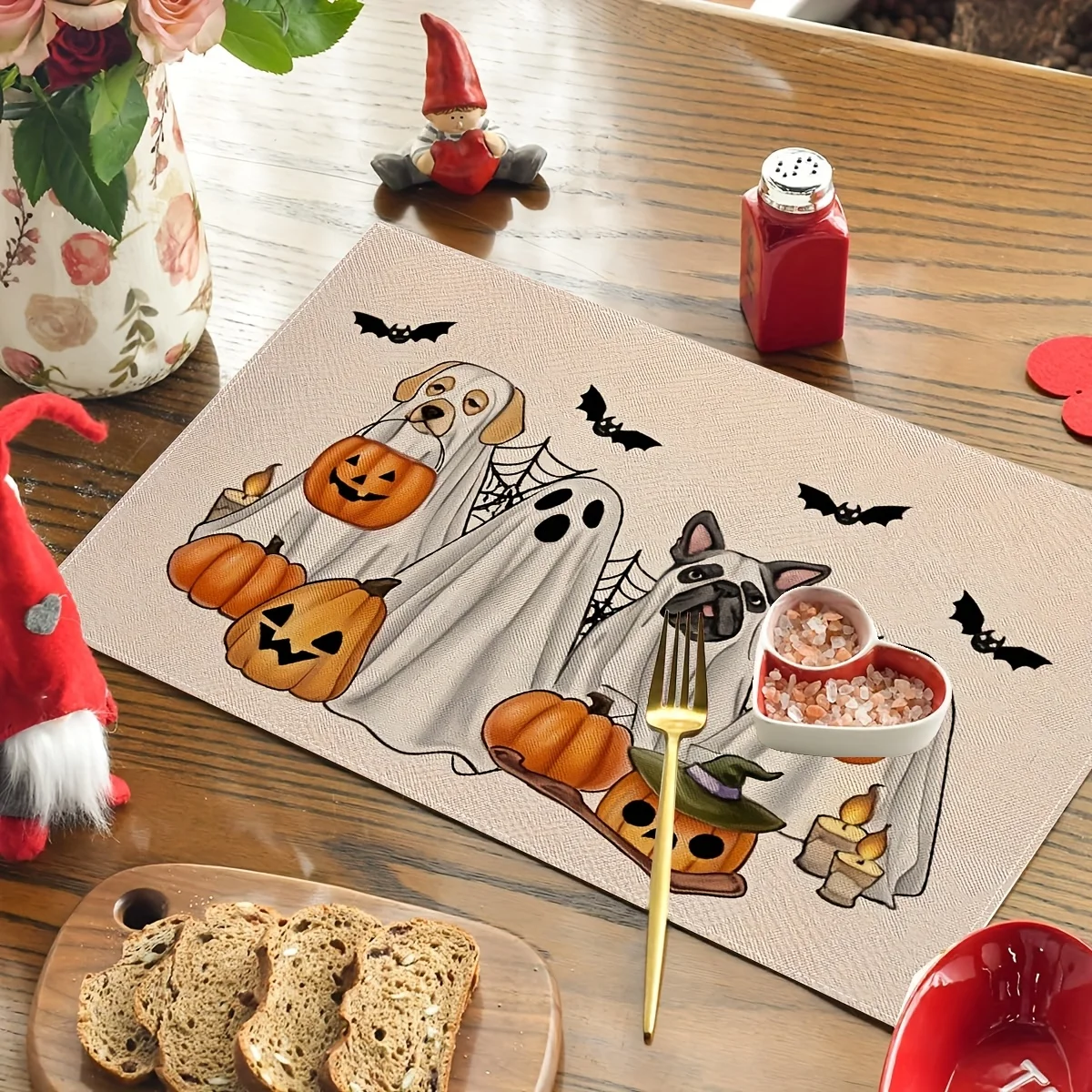 Halloween Cute Pet Placemats Featuring Adorable Dogs Dressed as Ghosts Holding Jack-o'-lanterns on a Beige Background