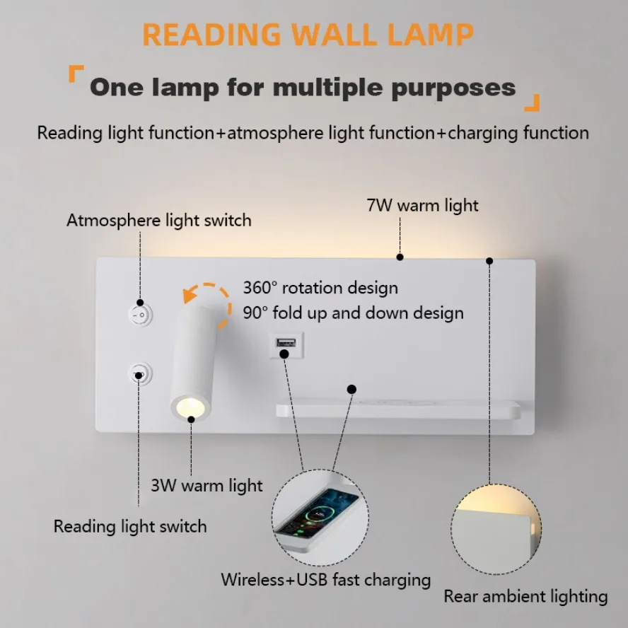 Imagem -06 - Moderna Luz de Parede Led com Interface Usb Simplicidade Criativo Multifuncional Leitura Sala de Estar Quarto Iluminação de Cabeceira