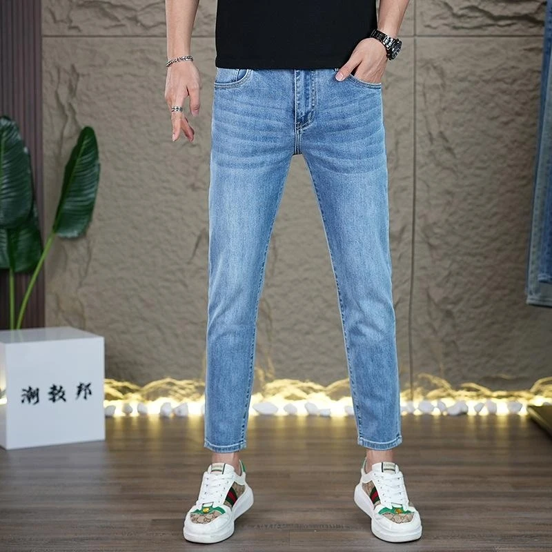 Comfortable Men's Stretch Denim Pants with Unique Printed Pattern on the Back Pocket, Slim Straight Fit, Versatile Fashion for M