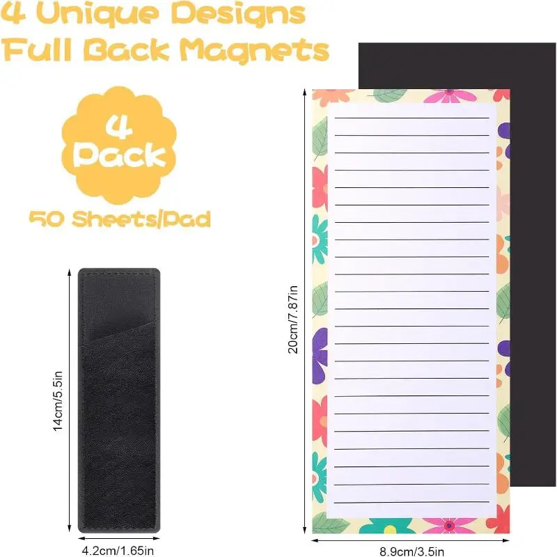 4PCS Portable Tear-off Magnetic  Pad Floral Pattern Magnetic Fridge Notepad Shopping List Home Kitchen Office Planner