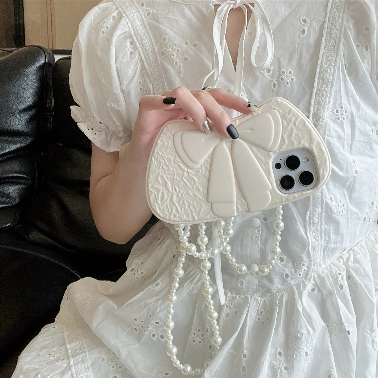 

3D Cartoon Cute White Bow Phone Case for iphone 16 Promax 15 14 13 Cover Gift