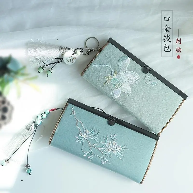 

New Fabric Embroidery Mori Literary Retro Ancient Style Long Clutch Wallet Women