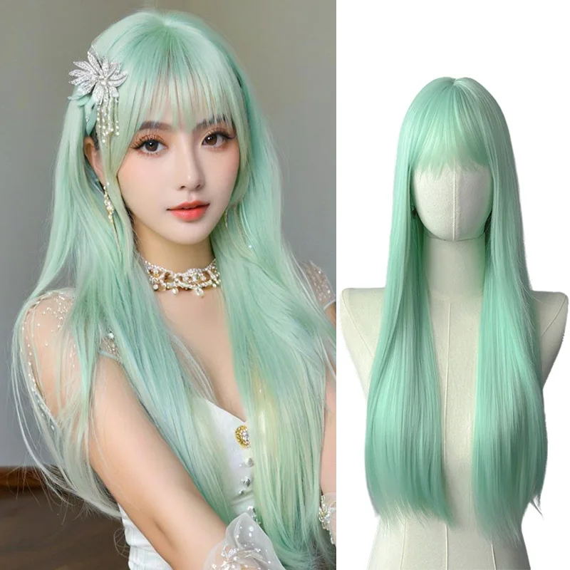 

Mint Mambo Green Wig for Women, Hair Full Headpiece, Brightening Light Color Lolita Style, Simulated Air Bangs, Long Straig