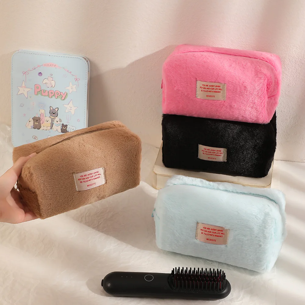 Winter Girls Plush Solid Color Makeup Bag Large Capacity Simple Octagonal Bag Student Pen Bag Stationery Storage Bag