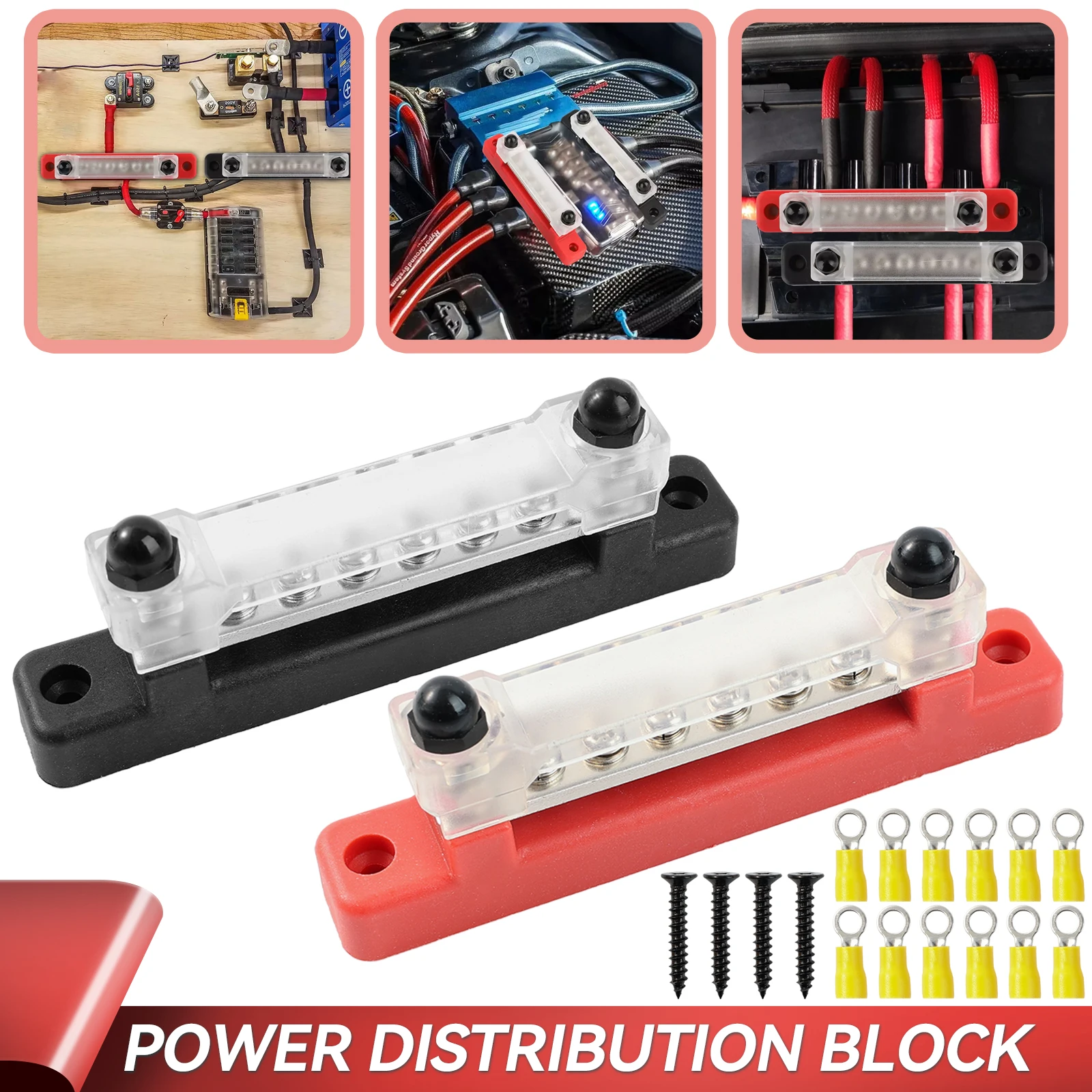 2Pcs 6 Way 12V Bus Bar Power Distribution Terminal Block 150A Busbar Red+Black