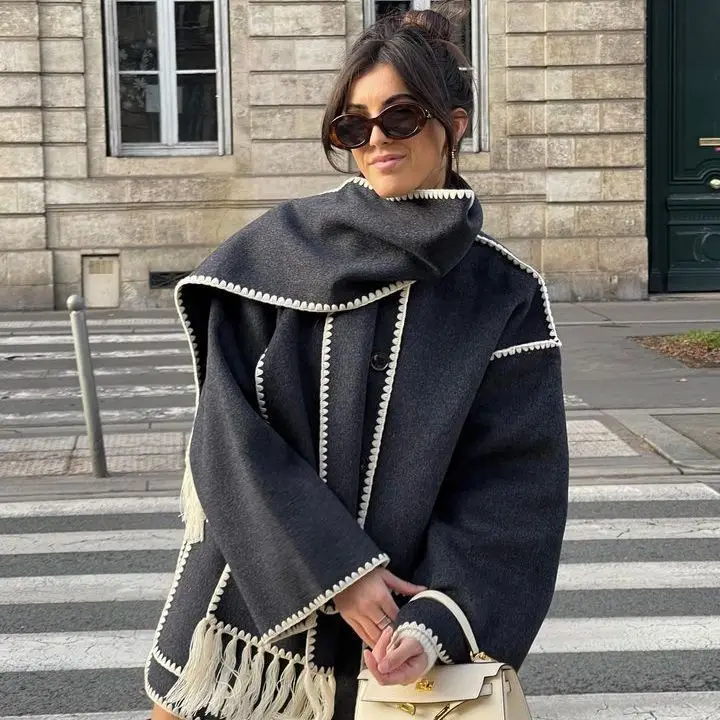 

Thi Long Sve Woolen Jaet with Scarf And Tassel Loose Commute Sle Long Coat for Women Autumn Season PU Material
