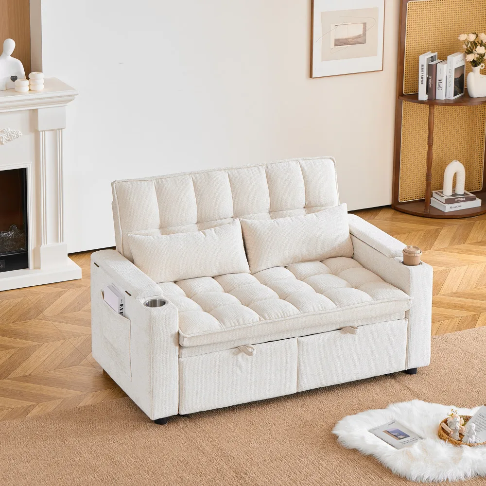Divano letto trasformabile 3 in 1, con schienale reclinabile, larghezza 142 cm, cuscini per seduta e schienale morbidi come una nuvola, include 2 cuscini lombari, mensola laterale e portabicchieri,