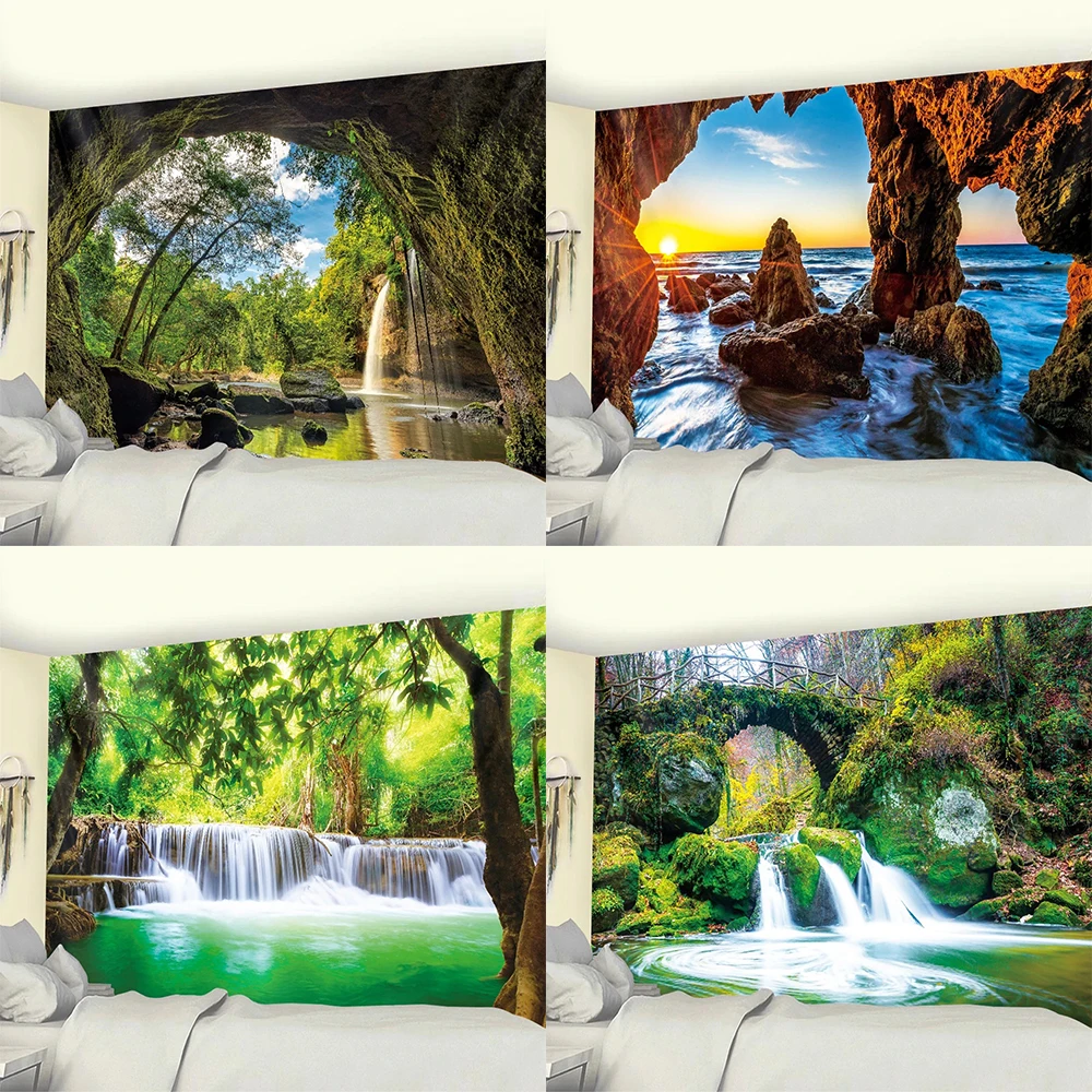 Bohemian tapestry ocean landscape cave pattern background cloth home decoration room living room wall hanging cloth