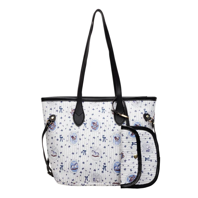 Women's Large Capacity Bear Print Tote Bag Comfortable Soft Fabric Shoulder Bag with Mini Purse Casual Daily Commute Handbag