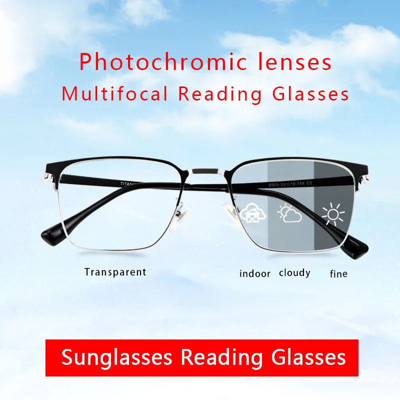 

Photochromic Progressive Multifocal Reading Glasses,Rectangular Frame Magnifying Sunglasses,Full Rim Tinted Eyeglasses for Men