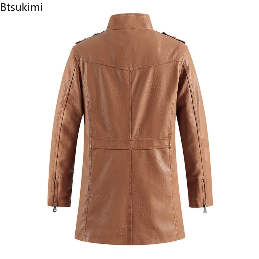 New Winter Long PU Leather Jackets Men Stand Collar Windbreaker Faux Outerwear Motorcycle Casual Warm Leather Coats Man Clothing