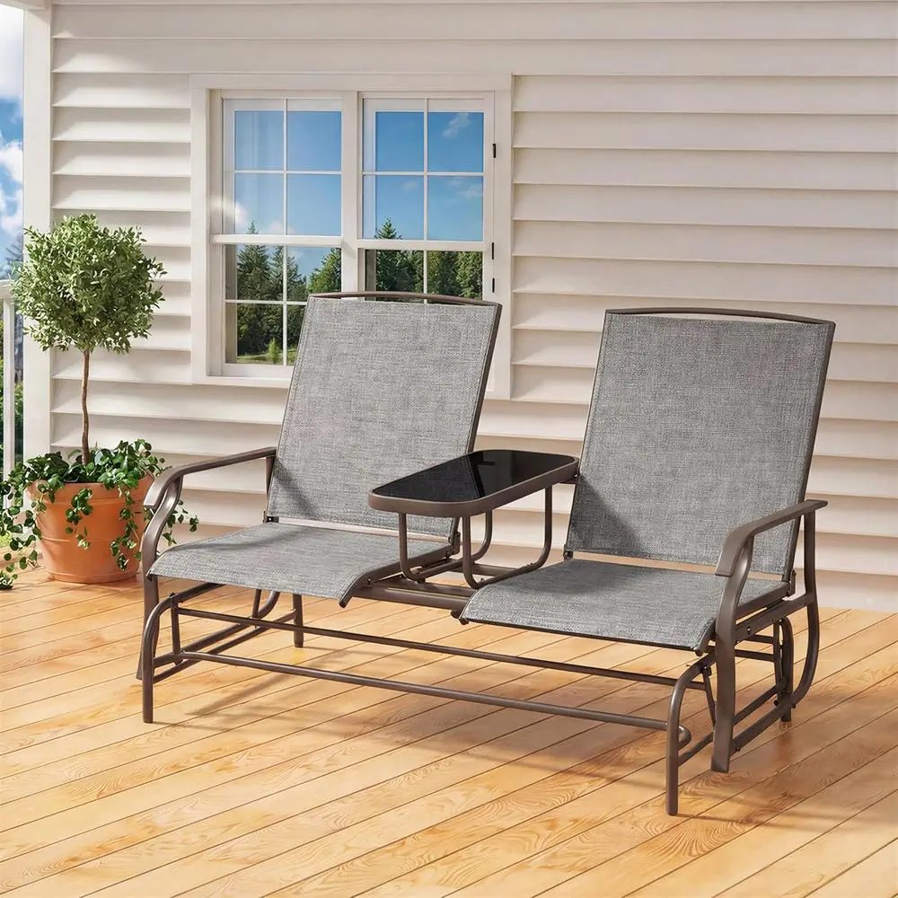 Outdoor Glider Bench Patio Loveseat with Table, Gray | Steel e, Texteline abric and tempered glass table provide comort, easy as