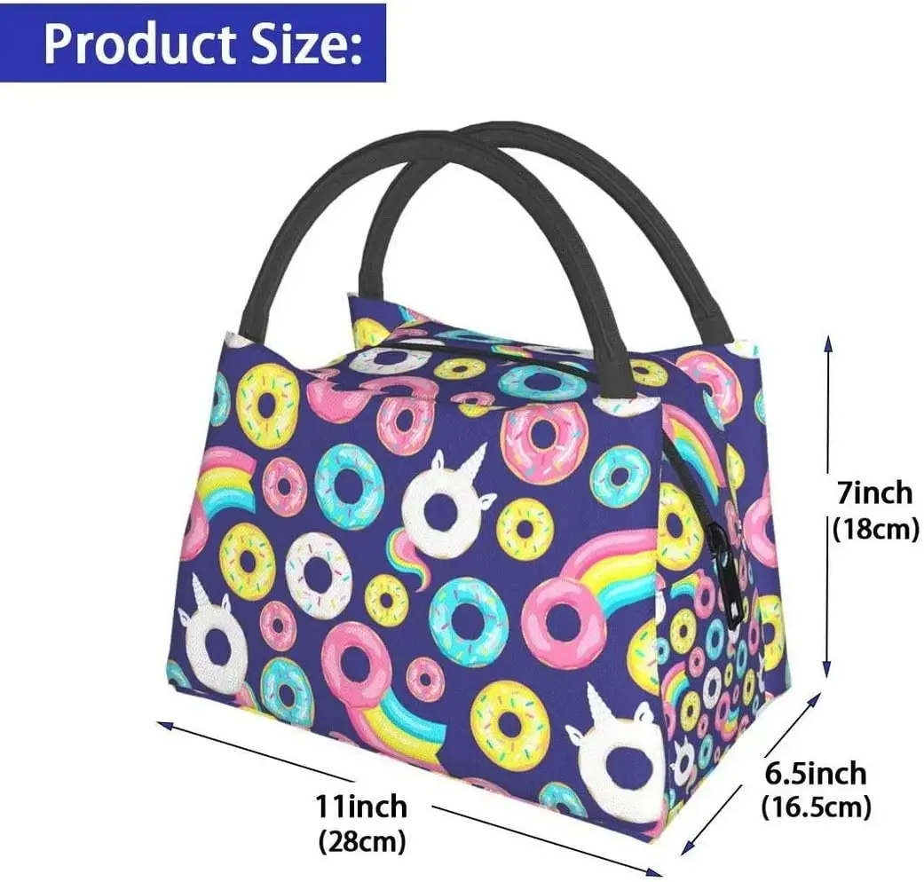 Portable Insulated Lunch Bag Donut Unicorn with Rainbow Tail Waterproof Tote Bento Bag for Office School Hiking Beach Picnic