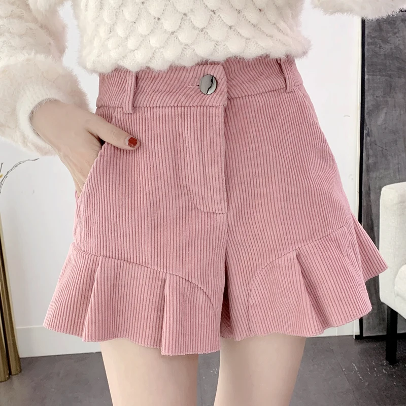 Winter Spring Corduroy Ruffles Shorts Women 2021 Sexy Casual Wide Leg Shorts Feminino Korean Skirt Shorts Boots and Trousers