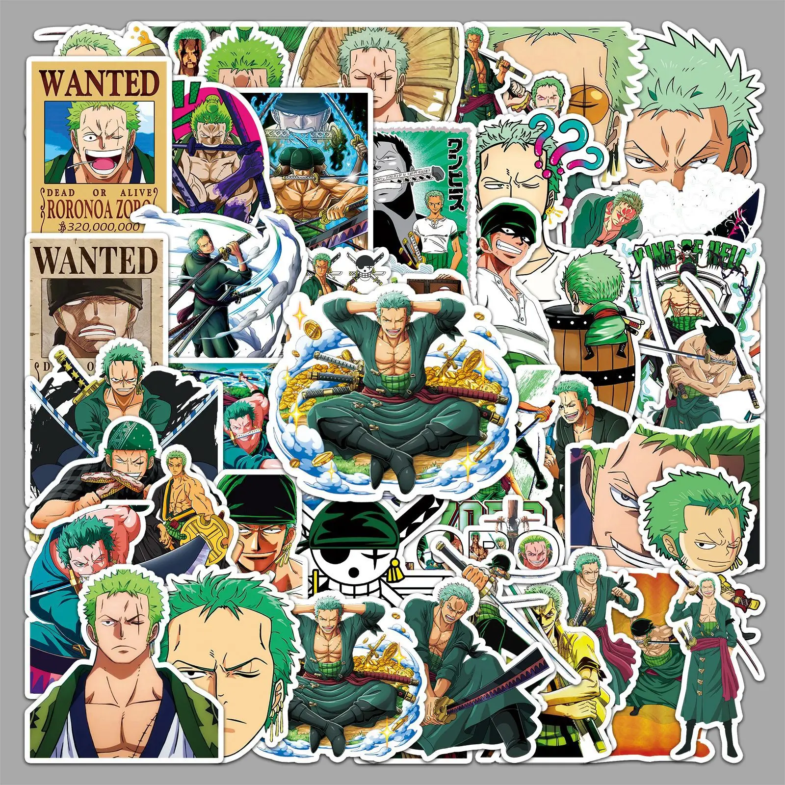 Paquete de 50 pegatinas de One Piece con el personaje Roronoa Zoro, con diseño de caballero de espada de cabello verde, ideal para decorar portátiles, botellas de agua y álbumes de recortes.