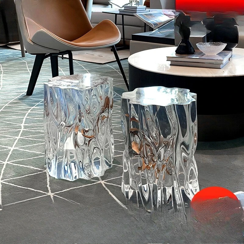 

Transparent resin pier living room sofa low stool acrylic platinum crystal branches and leaves solid wood tea table coffee table