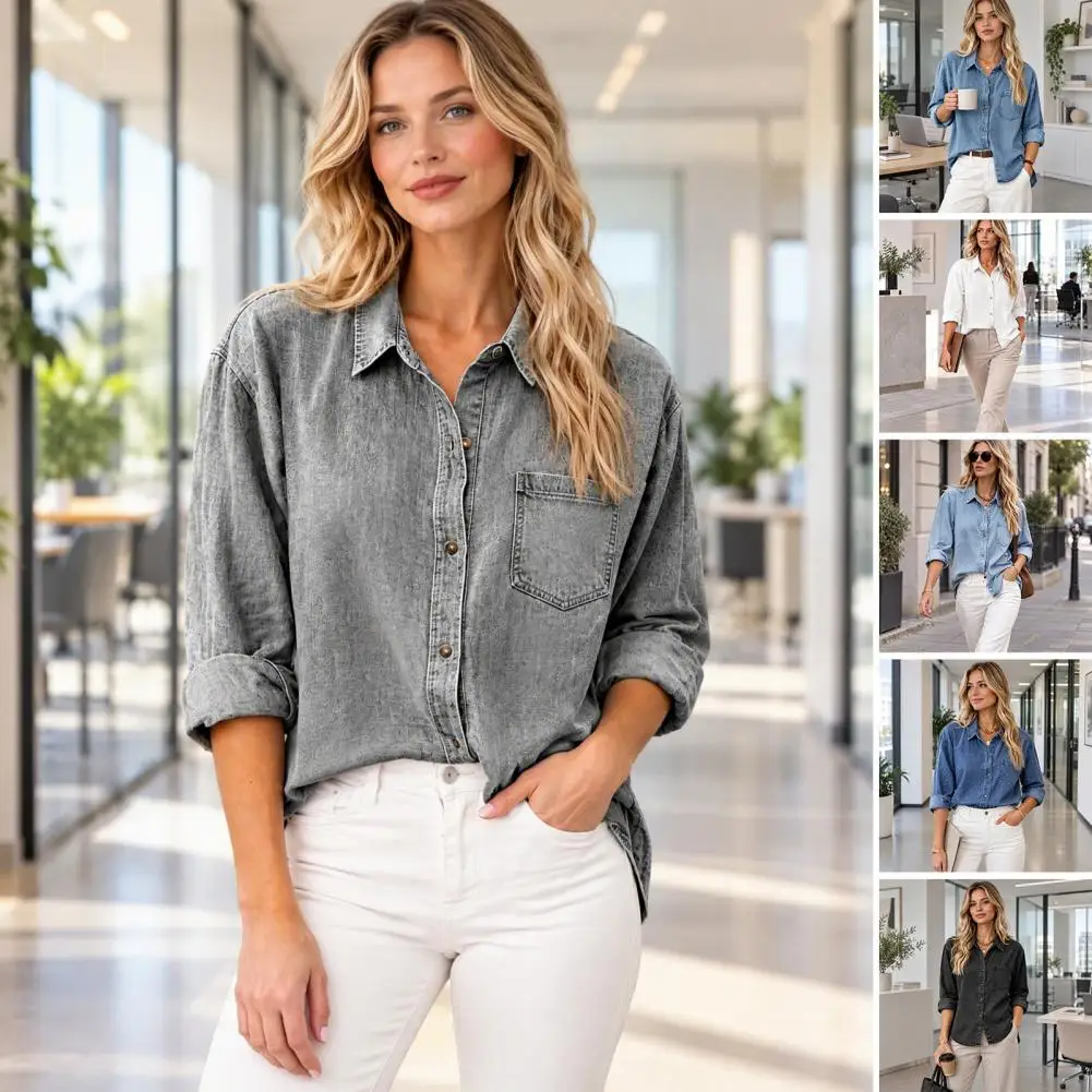Denim Blouse Women Denim Shirt Jacket Lapel Long Sleeve Coat Button-down Loose Fit Tops Solid Color Autumn Outerwear Chest Patch
